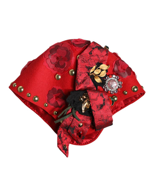 Dolce & Gabbana Red Crystal Gold Roses Brooch Embellished Hat - ClickThatClicks 