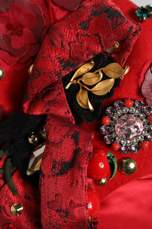 Dolce & Gabbana Red Crystal Gold Roses Brooch Embellished Hat - ClickThatClicks 