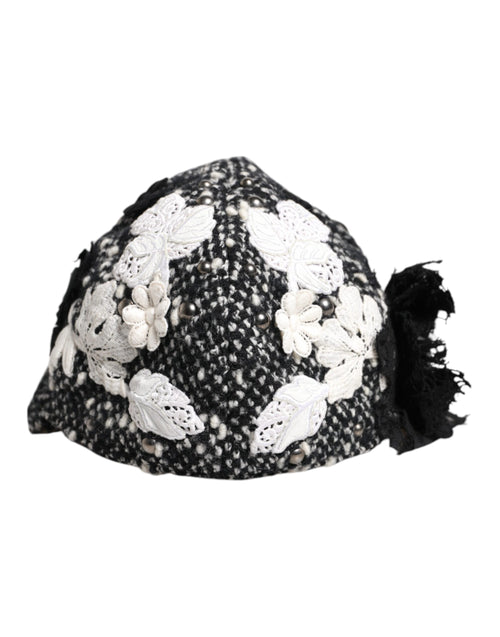 Dolce & Gabbana Black Wool White Floral Embellished Cloche Hat - ClickThatClicks 