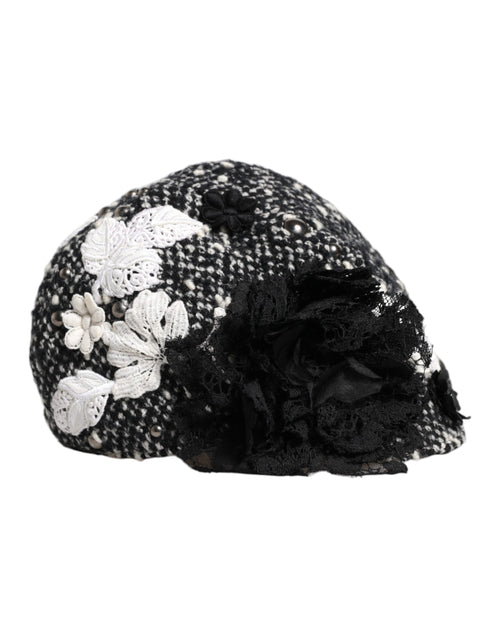 Dolce & Gabbana Black Wool White Floral Embellished Cloche Hat - ClickThatClicks 