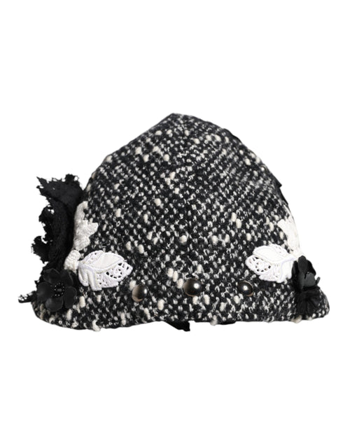 Dolce & Gabbana Black Wool White Floral Embellished Cloche Hat - ClickThatClicks 
