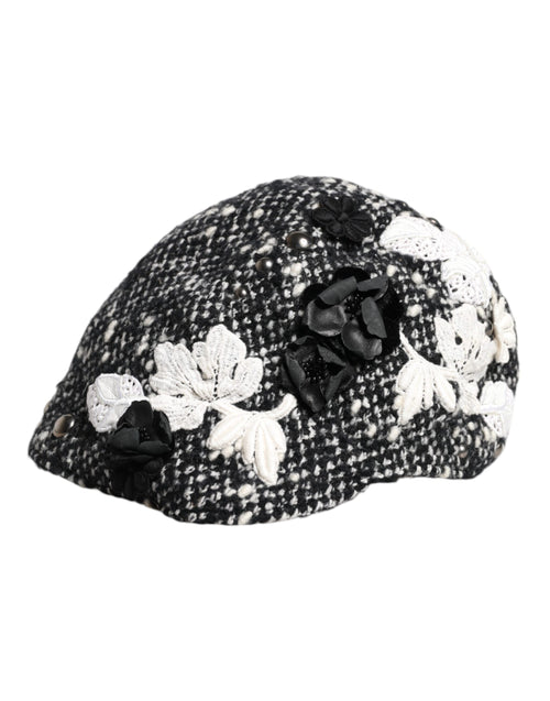 Dolce & Gabbana Black Wool White Floral Embellished Cloche Hat - ClickThatClicks 
