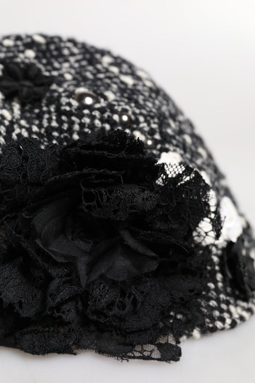 Dolce & Gabbana Black Wool White Floral Embellished Cloche Hat - ClickThatClicks 