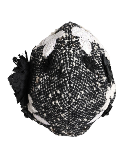 Dolce & Gabbana Black Wool White Floral Embellished Cloche Hat - ClickThatClicks 