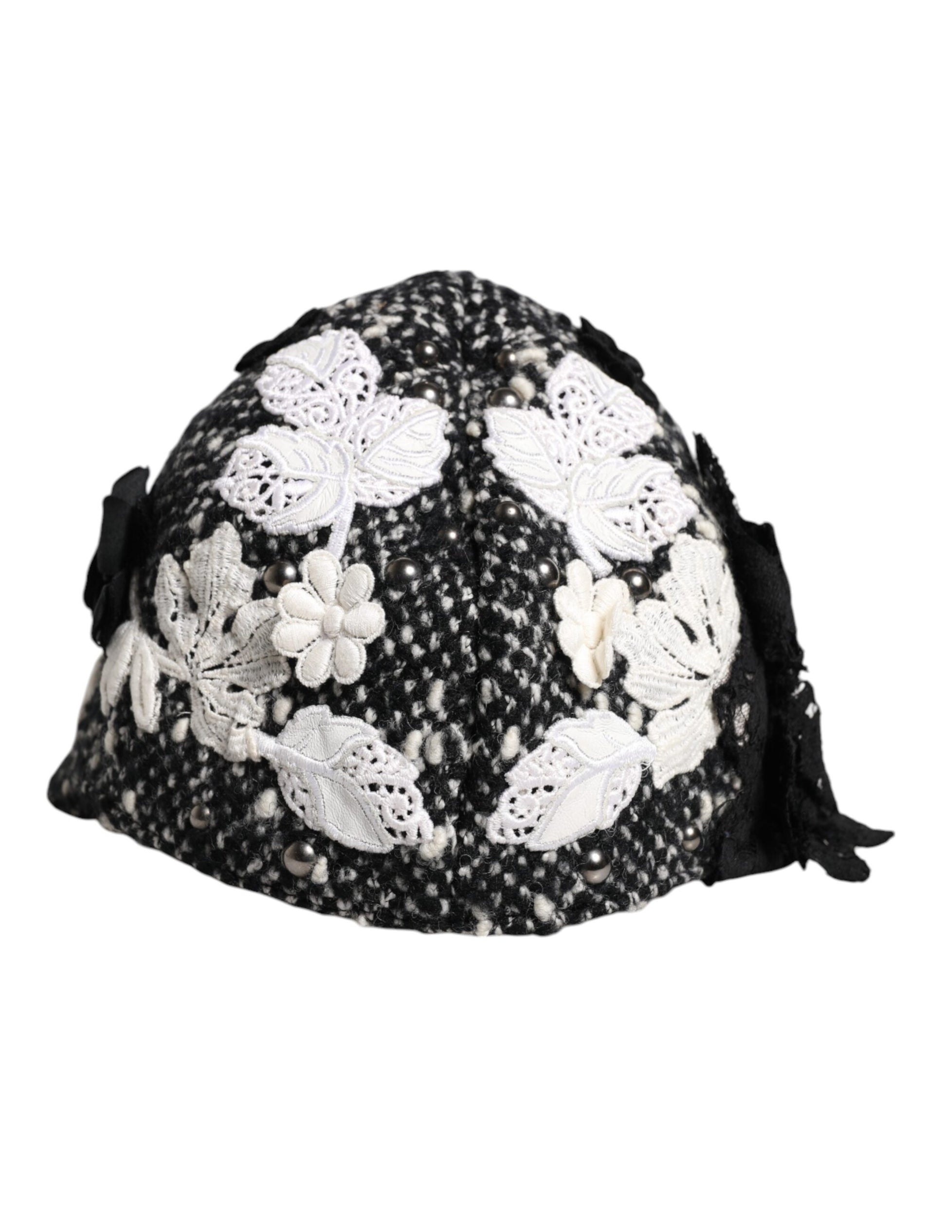 Dolce & Gabbana Black Wool White Floral Embellished Cloche Hat - ClickThatClicks 