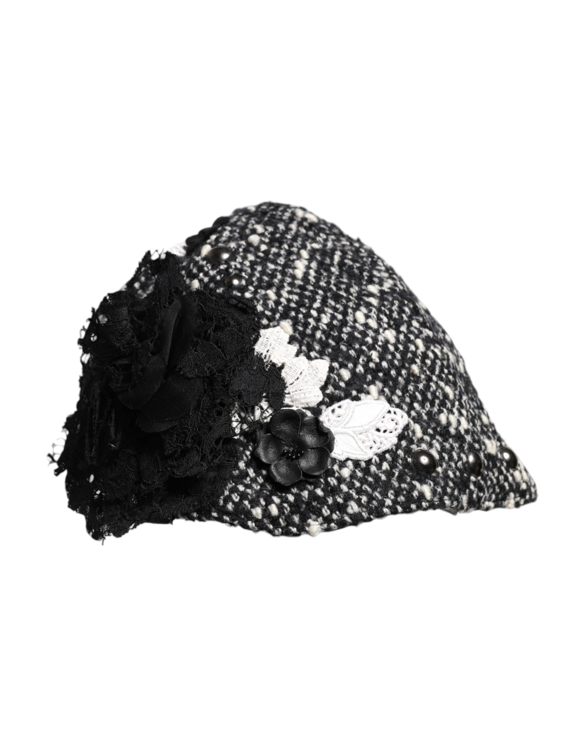 Dolce & Gabbana Black Wool White Floral Embellished Cloche Hat - ClickThatClicks 