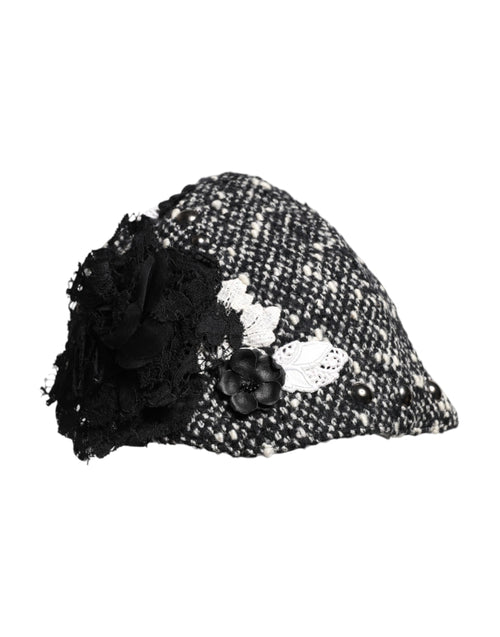 Dolce & Gabbana Black Wool White Floral Embellished Cloche Hat - ClickThatClicks 