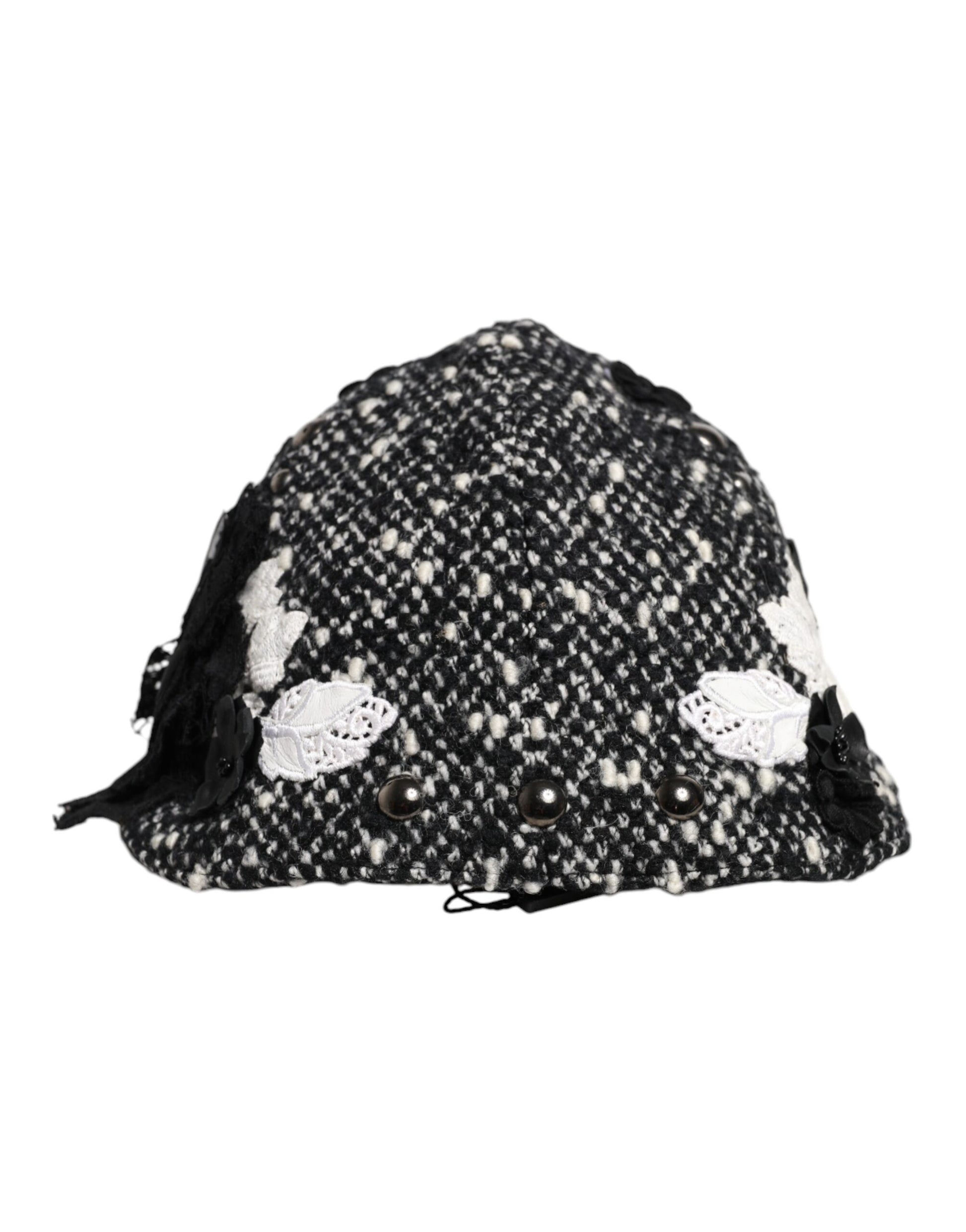 Dolce & Gabbana Black Wool White Floral Embellished Cloche Hat - ClickThatClicks 
