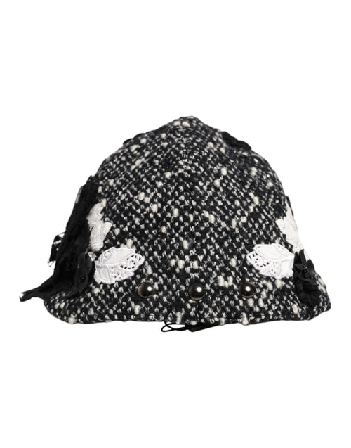 Dolce & Gabbana Black Wool White Floral Embellished Cloche Hat - ClickThatClicks 
