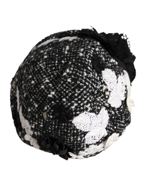 Dolce & Gabbana Black Wool White Floral Embellished Cloche Hat - ClickThatClicks 
