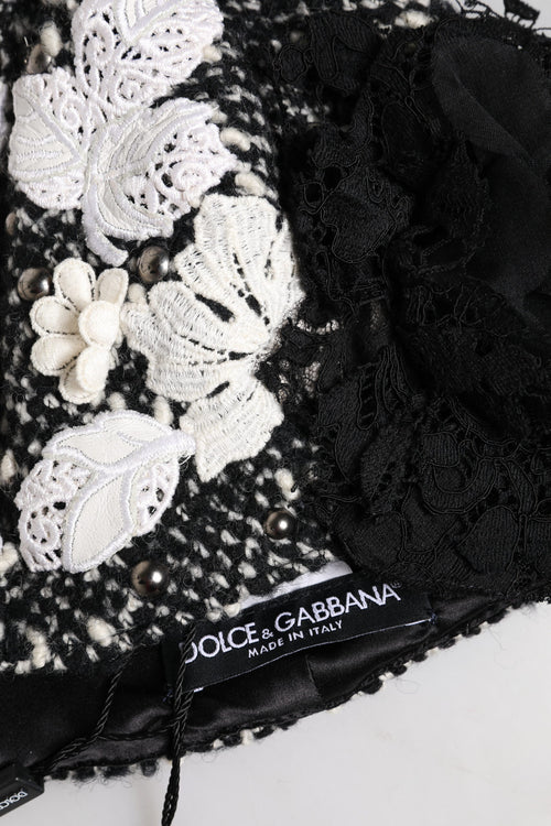 Dolce & Gabbana Black Wool White Floral Embellished Cloche Hat - ClickThatClicks 