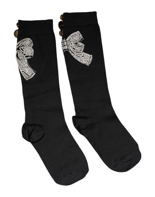 Dolce & Gabbana Black Knit Floral Crystal Embellishment Socks - ClickThatClicks 