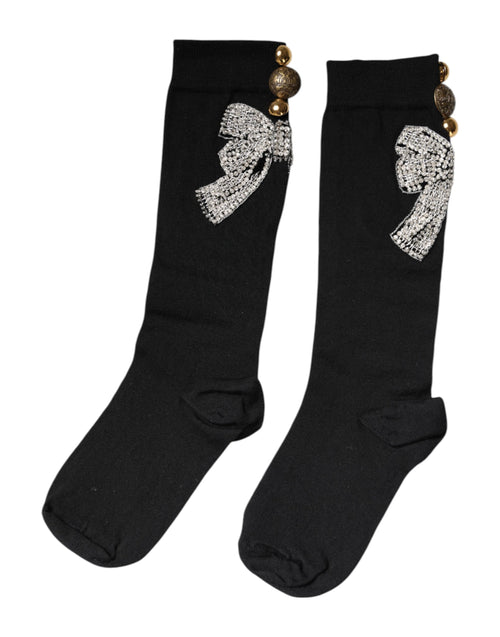 Dolce & Gabbana Black Knit Floral Crystal Embellishment Socks - ClickThatClicks 