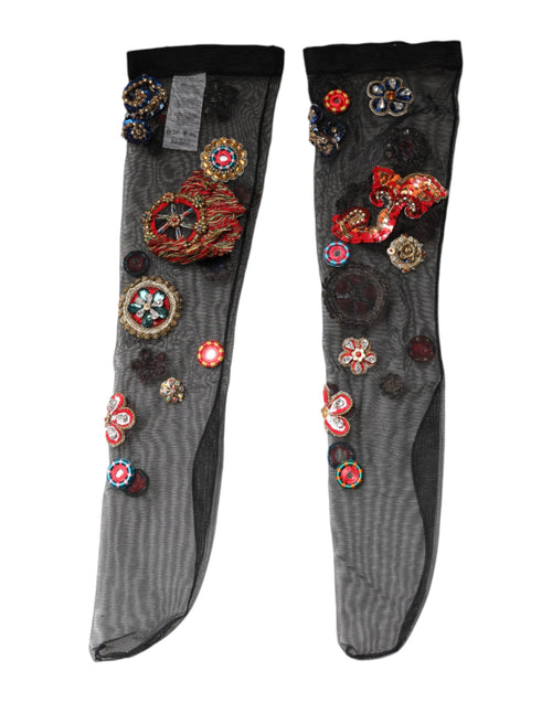 Dolce & Gabbana Black Stretch Carretto Crystal Stockings Socks - ClickThatClicks 