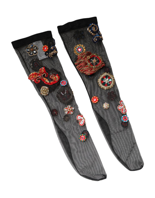 Dolce & Gabbana Black Stretch Carretto Crystal Stockings Socks - ClickThatClicks 