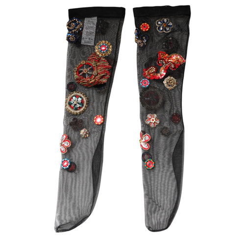 Dolce & Gabbana Black Stretch Carretto Crystal Stockings Socks - ClickThatClicks 