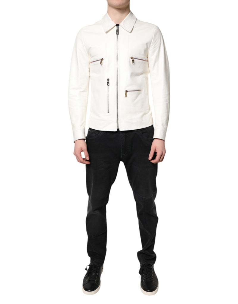 Dolce & Gabbana White Collared Full Zip Biker Coat Jacket