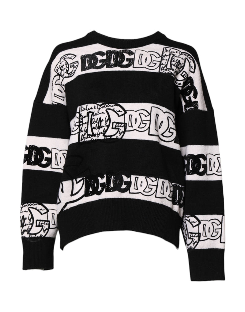 Dolce & Gabbana Black White Logo Print Wool Pullover Sweater