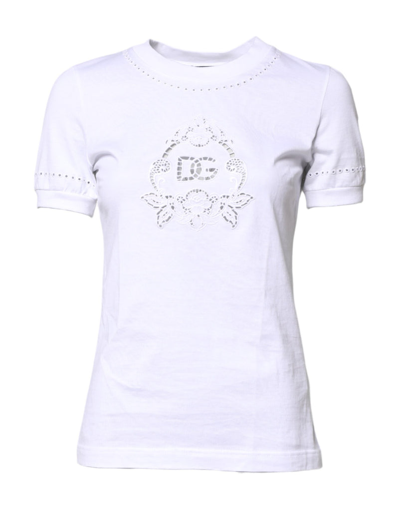 Dolce & Gabbana White Cotton Floral Logo Crew Neck T-shirt