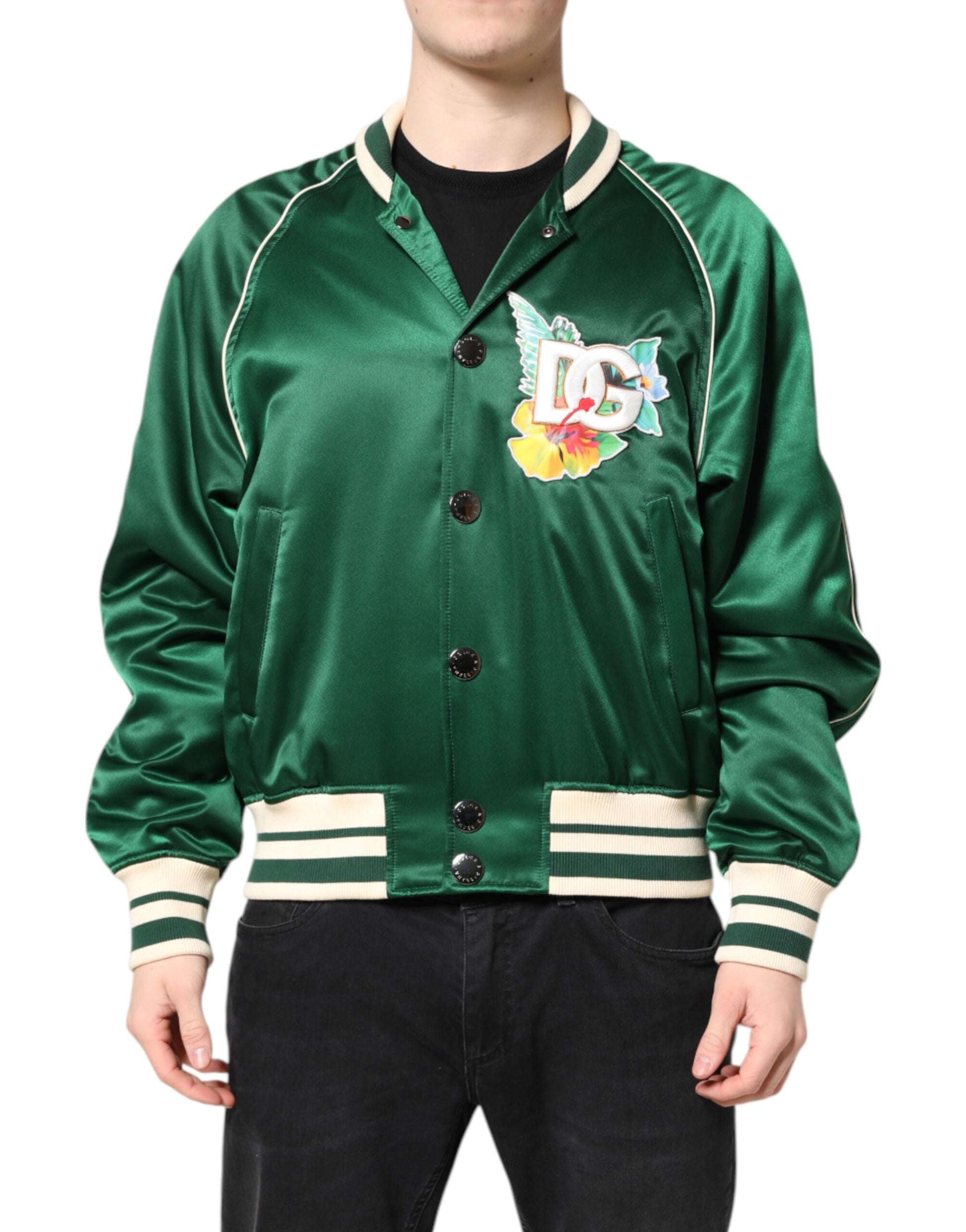 Dolce & Gabbana Green Floral DG Logo Full Zip Bomber Jacket - ClickThatClicks 
