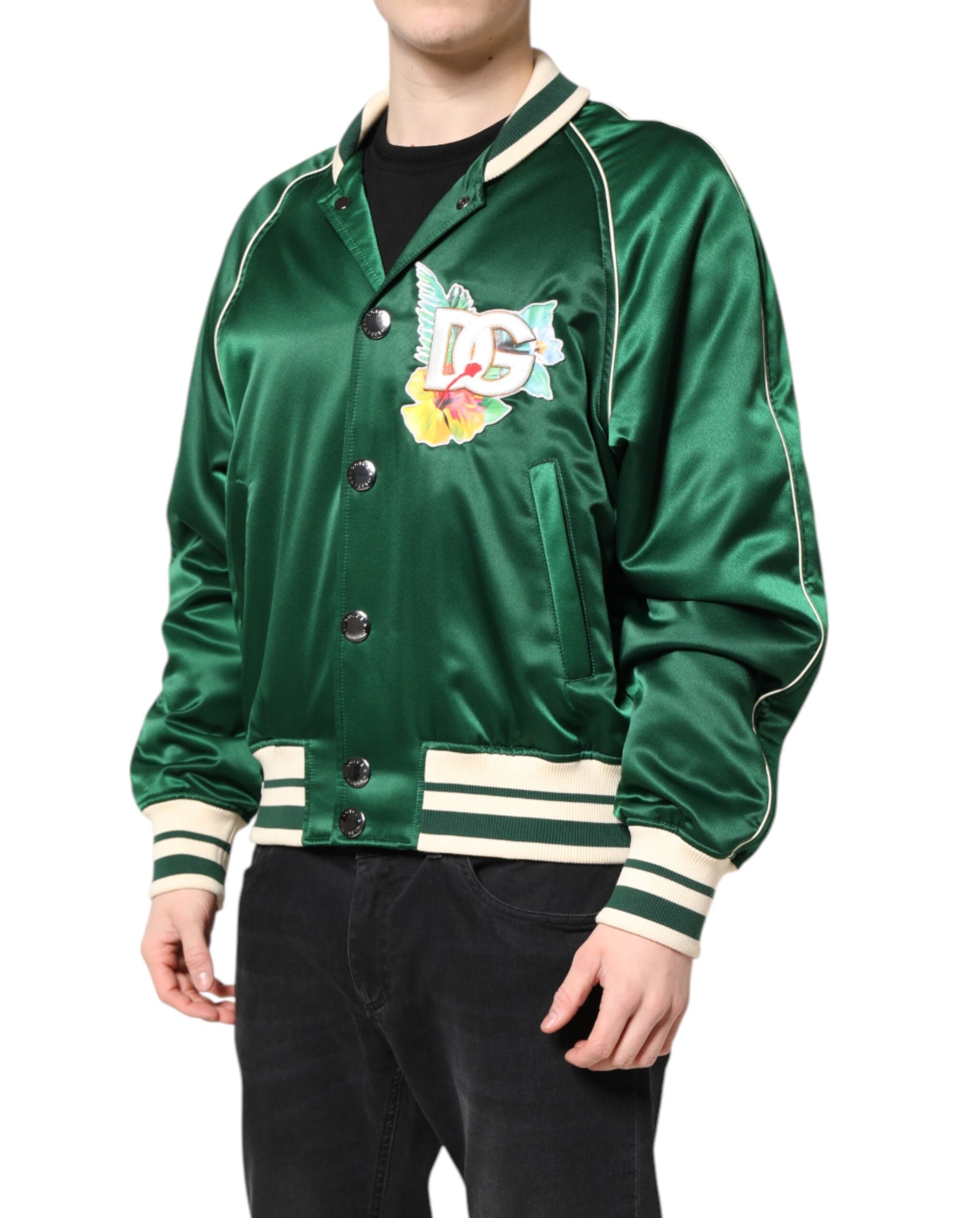Dolce & Gabbana Green Floral DG Logo Full Zip Bomber Jacket - ClickThatClicks 