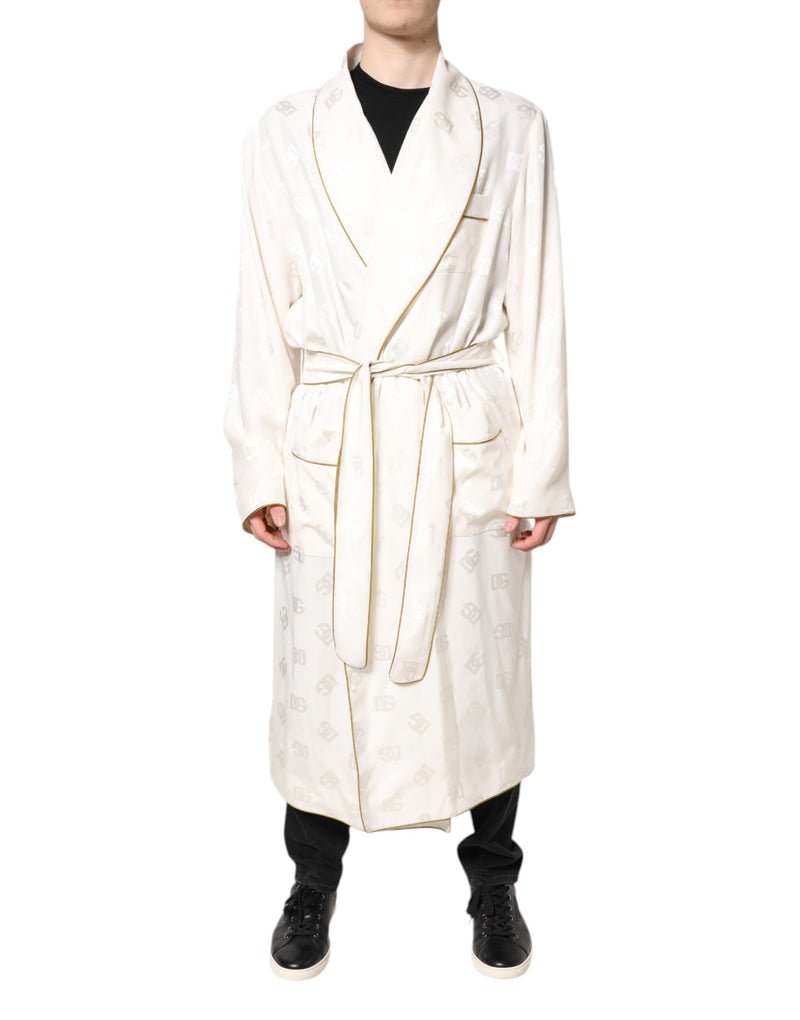 Dolce & Gabbana Ivory Silk Logo Men Wrap Robe Coat Jacket
