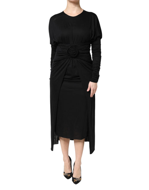 Dolce & Gabbana Black Wool Long Sleeves Sheath Midi Dress - ClickThatClicks 
