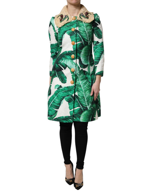 Dolce & Gabbana Multicolor Leaf Print Embellished Trenchcoat Jacket - ClickThatClicks 
