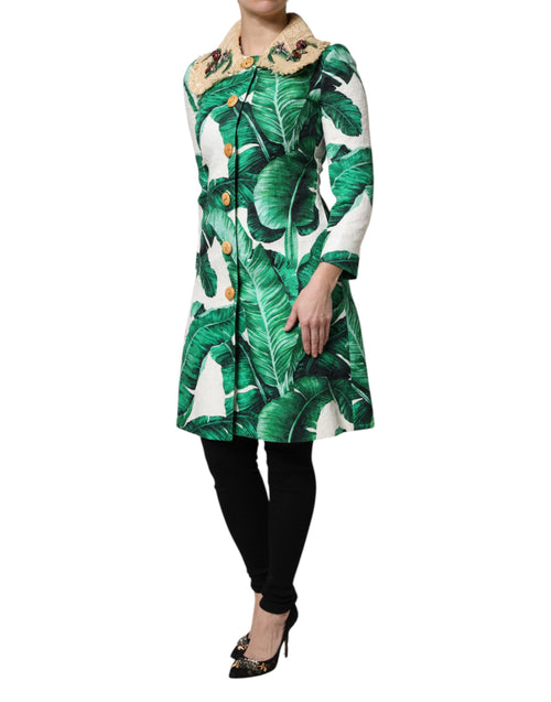 Dolce & Gabbana Multicolor Leaf Print Embellished Trenchcoat Jacket - ClickThatClicks 