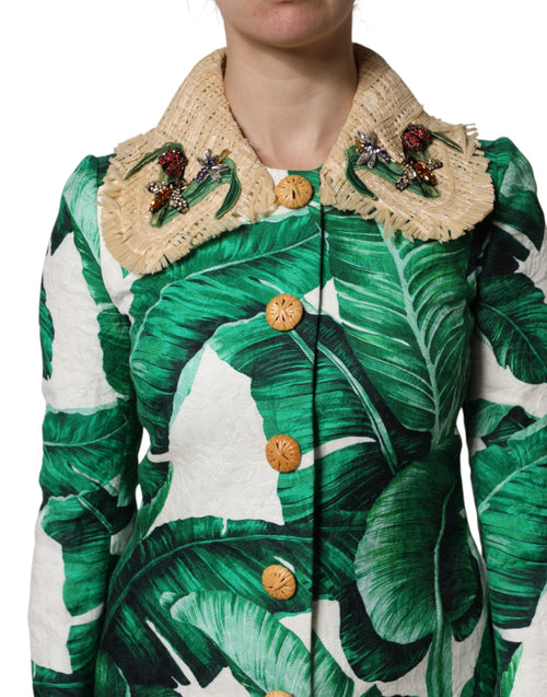 Dolce & Gabbana Multicolor Leaf Print Embellished Trenchcoat Jacket - ClickThatClicks 