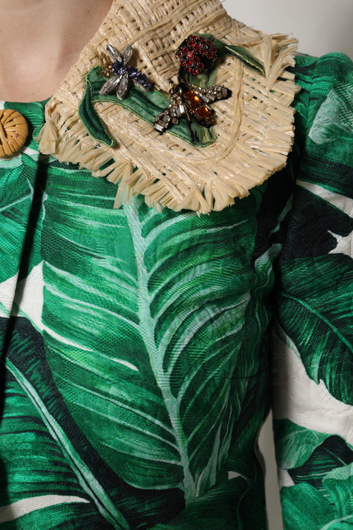 Dolce & Gabbana Multicolor Leaf Print Embellished Trenchcoat Jacket - ClickThatClicks 