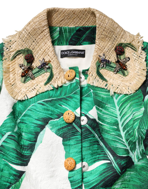 Dolce & Gabbana Multicolor Leaf Print Embellished Trenchcoat Jacket - ClickThatClicks 