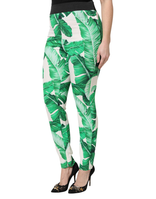 Dolce & Gabbana White Green Leaf High Waist Pants - ClickThatClicks 