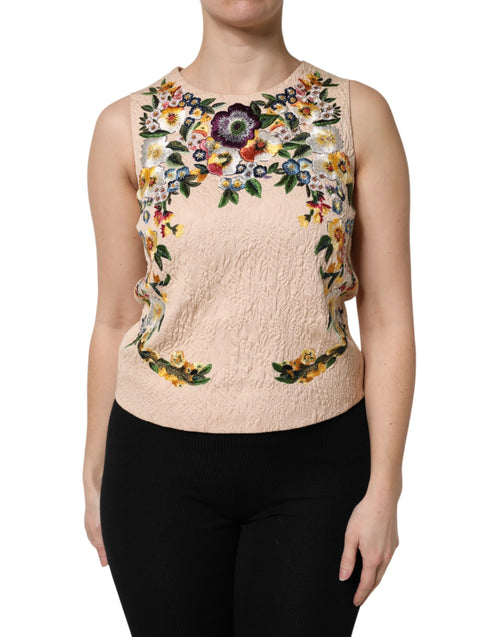 Dolce & Gabbana Beige Floral Embroidery Sleeveless Tank Top - ClickThatClicks 