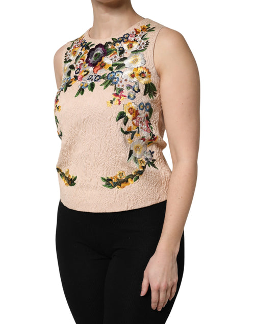 Dolce & Gabbana Beige Floral Embroidery Sleeveless Tank Top - ClickThatClicks 