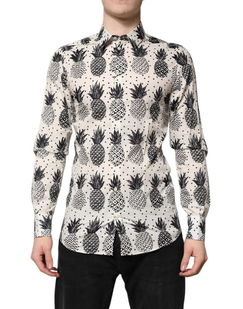 Dolce & Gabbana White Pineapple Print Long Sleeve GOLD Shirt - ClickThatClicks 