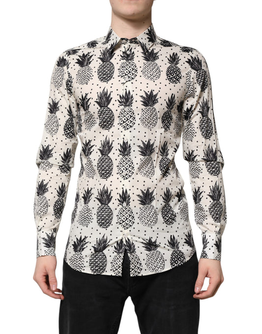Dolce & Gabbana White Pineapple Print Long Sleeve GOLD Shirt - ClickThatClicks 