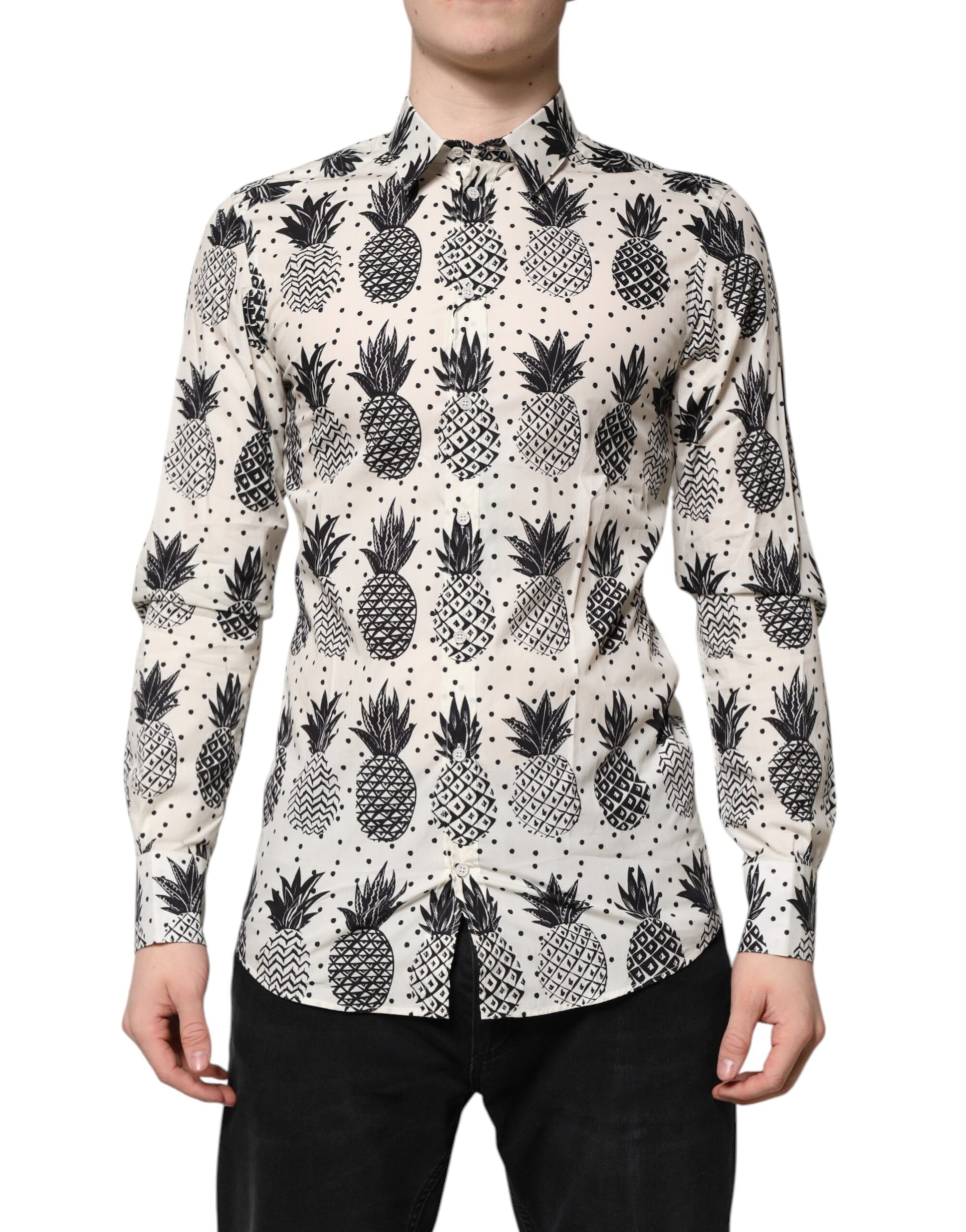 Dolce & Gabbana White Pineapple Print Long Sleeve GOLD Shirt - ClickThatClicks 