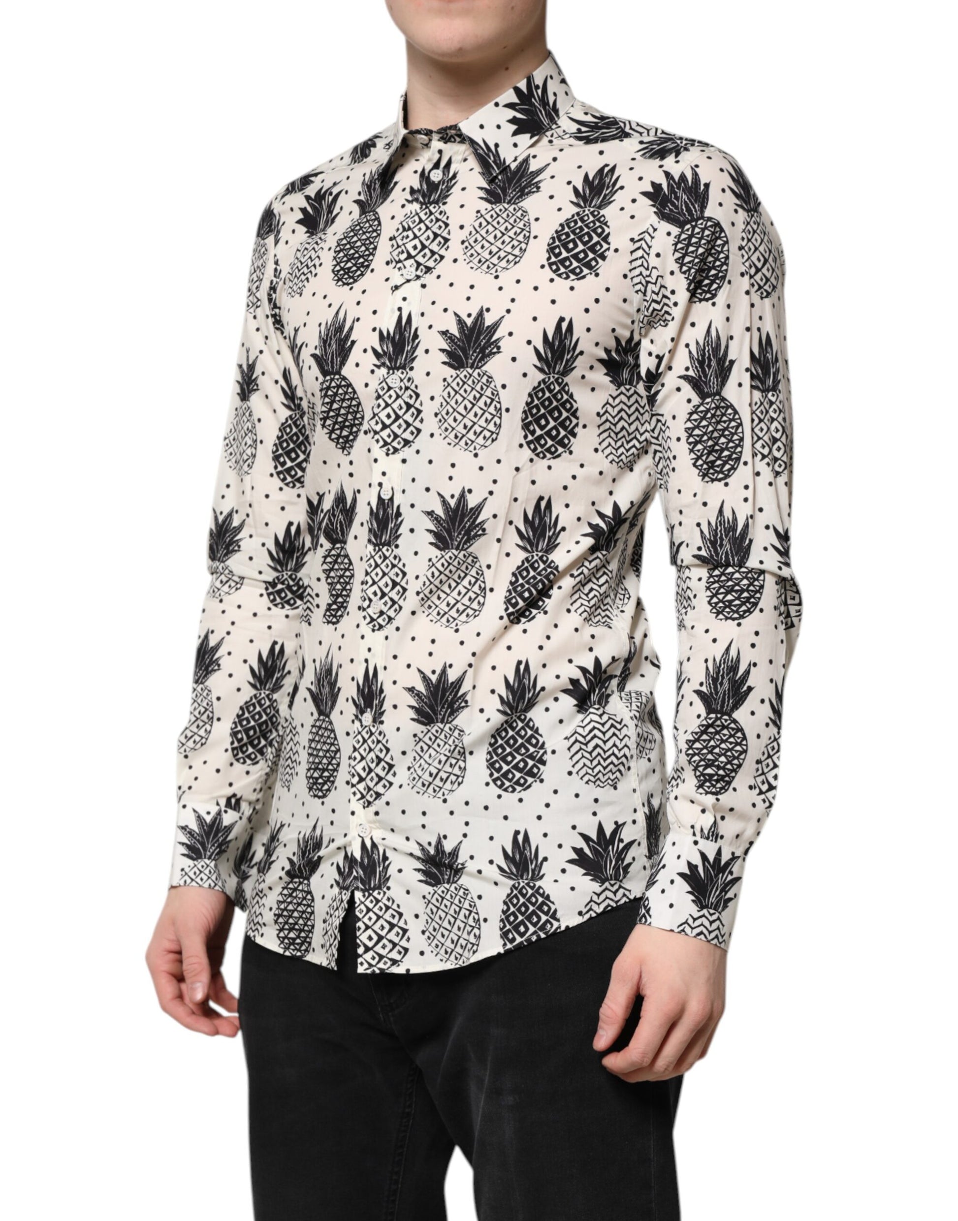 Dolce & Gabbana White Pineapple Print Long Sleeve GOLD Shirt - ClickThatClicks 