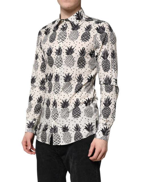 Dolce & Gabbana White Pineapple Print Long Sleeve GOLD Shirt - ClickThatClicks 