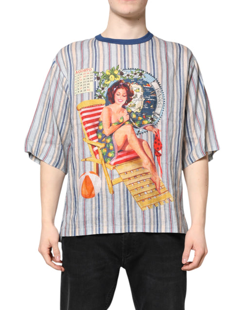 Dolce & Gabbana Multicolor Striped Pin Up Linen Round Neck T-shirt - ClickThatClicks 