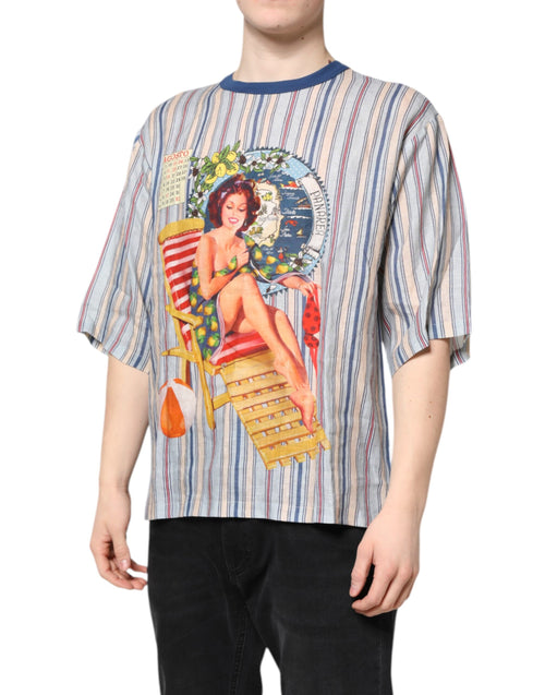 Dolce & Gabbana Multicolor Striped Pin Up Linen Round Neck T-shirt - ClickThatClicks 