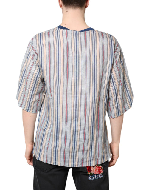Dolce & Gabbana Multicolor Striped Pin Up Linen Round Neck T-shirt - ClickThatClicks 