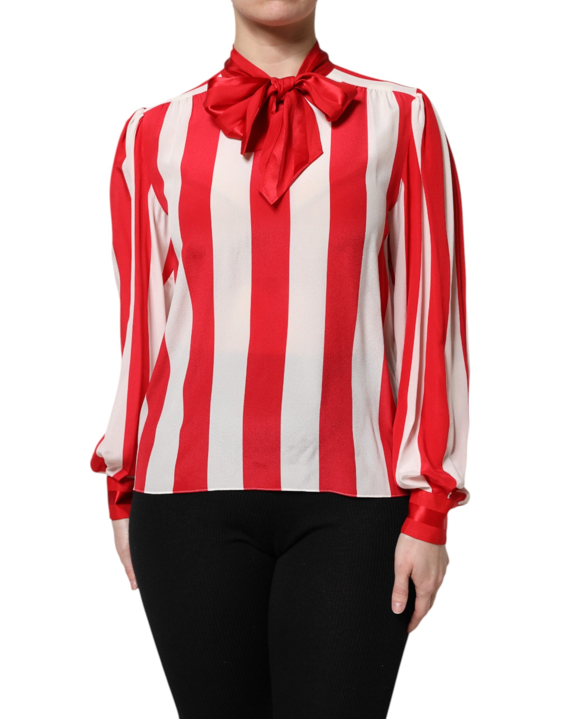 Dolce & Gabbana Red White Stripes Ascot Collar Blouse Top - ClickThatClicks 