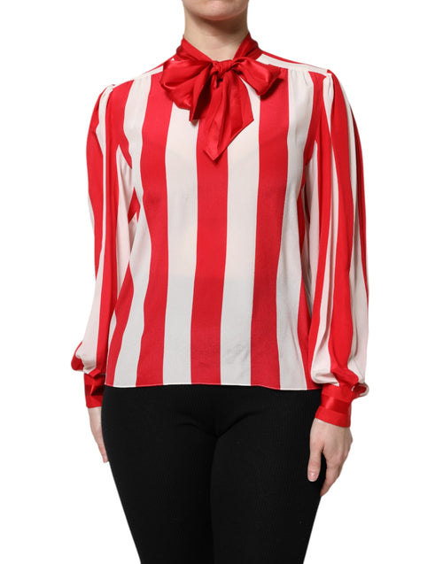 Dolce & Gabbana Red White Stripes Ascot Collar Blouse Top - ClickThatClicks 
