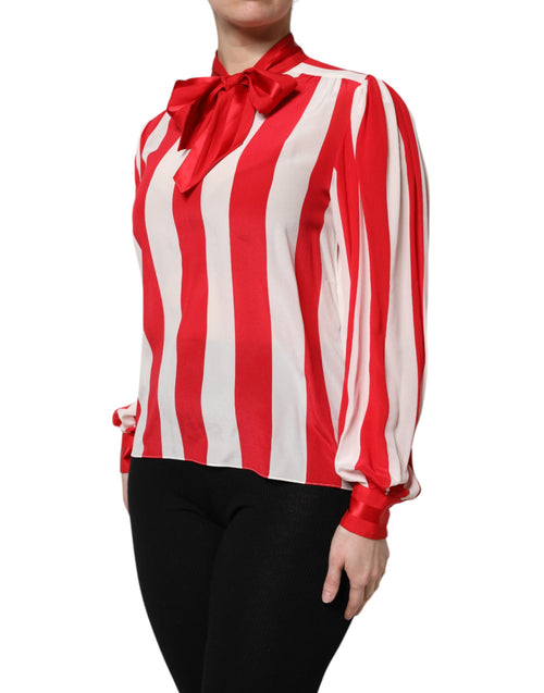 Dolce & Gabbana Red White Stripes Ascot Collar Blouse Top - ClickThatClicks 