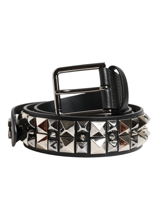 Dolce & Gabbana Black Calf Leather Studded Silver Buckle Belt - ClickThatClicks 