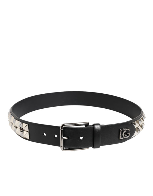 Dolce & Gabbana Black Calf Leather Studded Silver Buckle Belt - ClickThatClicks 