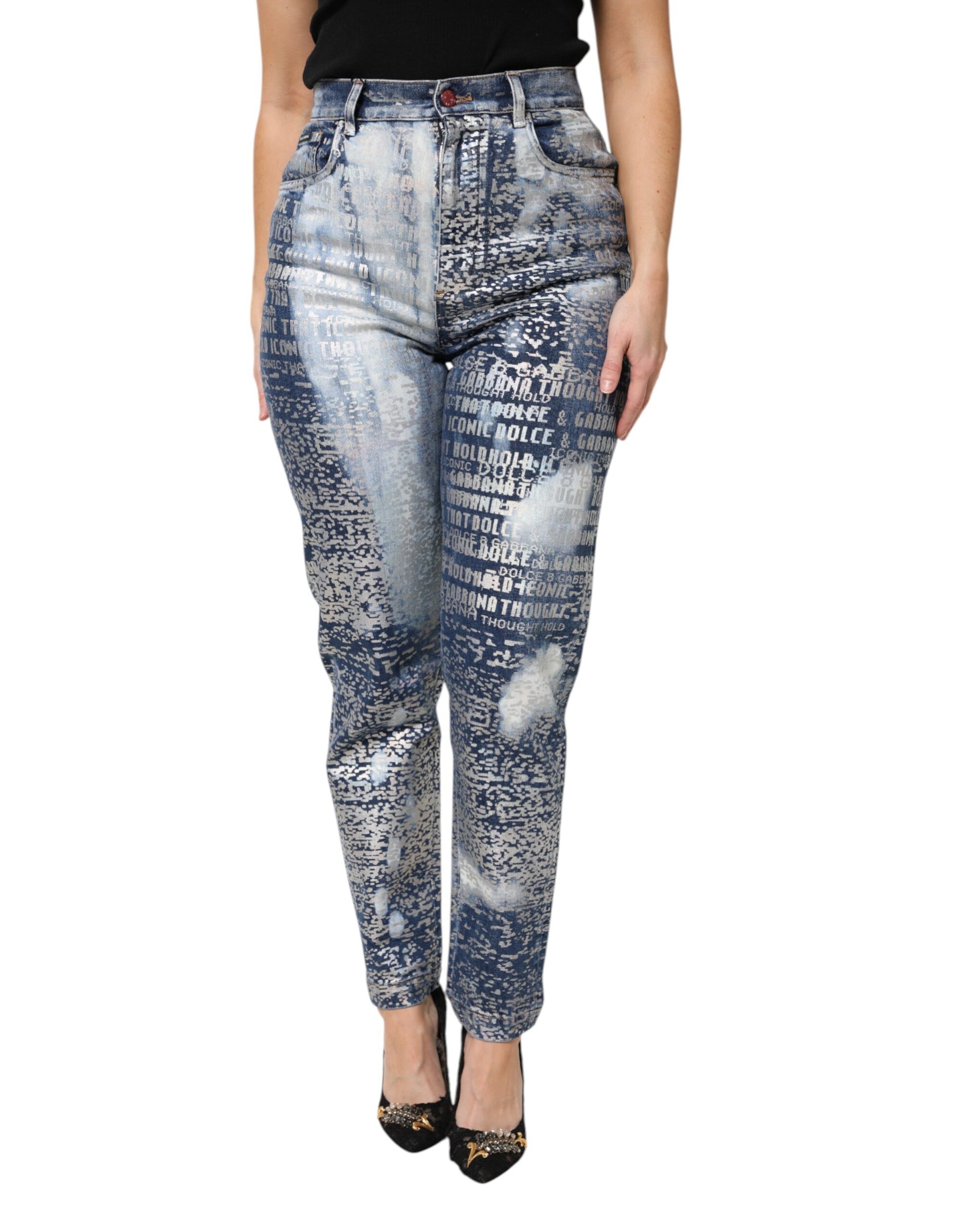 Dolce & Gabbana Blue Washed Print High Waist Denim Jeans - ClickThatClicks 