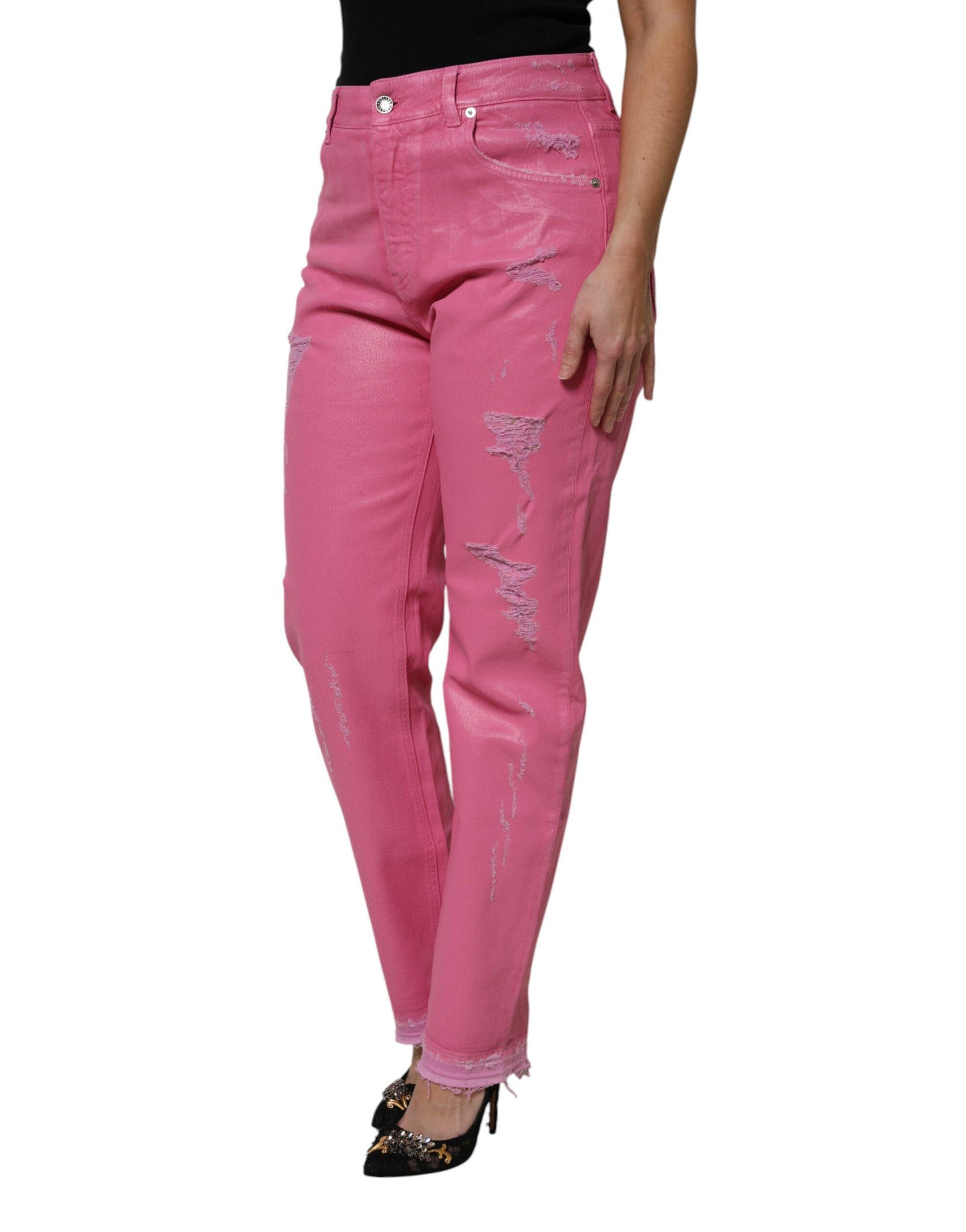 Dolce & Gabbana Pink Tattered Mid Waist Tapered Denim Jeans - ClickThatClicks 